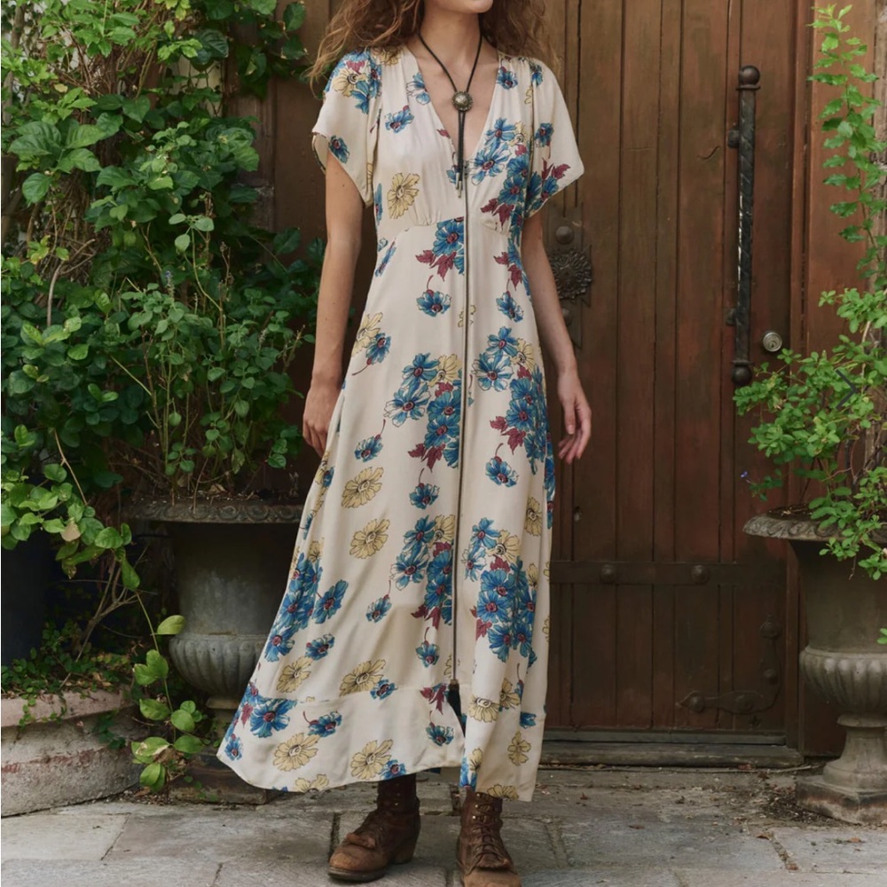 THE GREAT. Floral Maxi Dress in Cream and Blue